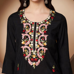 Black Floral Aari Work Embroidered Kurta with Palazzo & Embroidered Dupatta