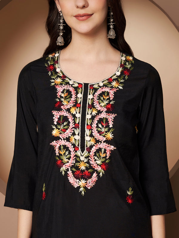 Black Floral Aari Work Embroidered Kurta with Palazzo & Embroidered Dupatta