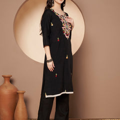 Black Floral Aari Work Embroidered Kurta with Palazzo & Embroidered Dupatta
