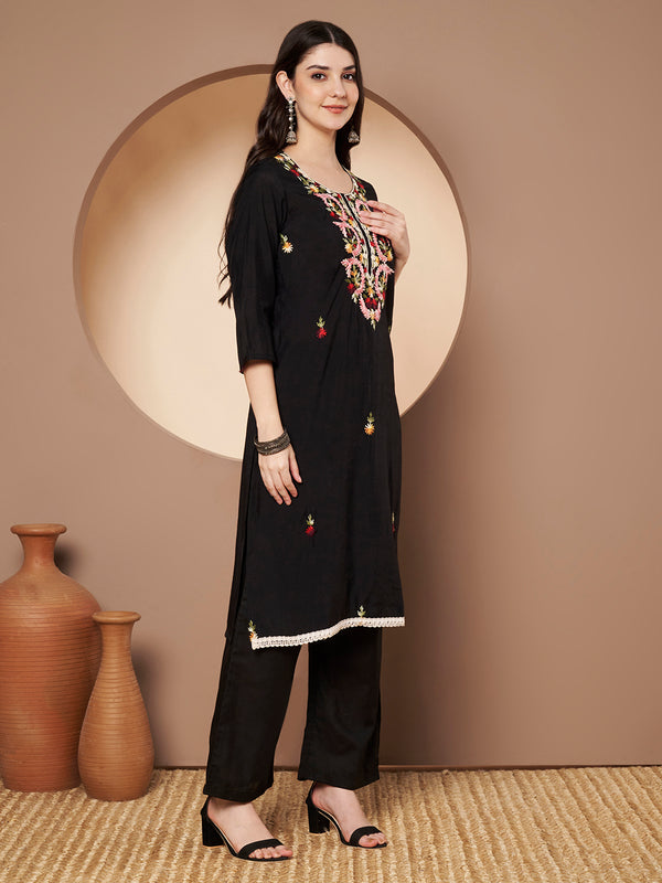 Black Floral Aari Work Embroidered Kurta with Palazzo & Embroidered Dupatta
