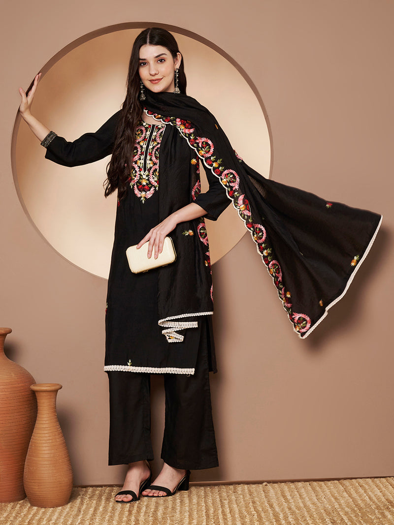 Black Floral Aari Work Embroidered Kurta with Palazzo & Embroidered Dupatta