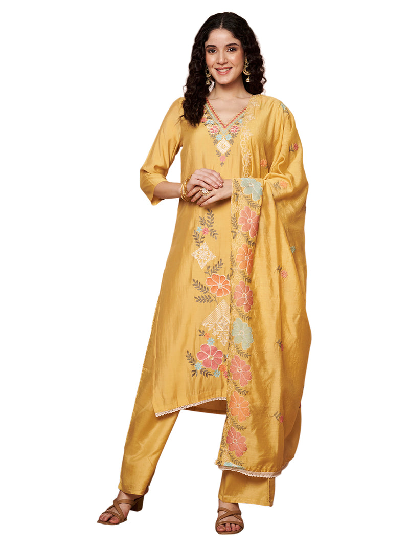 Light Yellow Floral Aari Work Embroidered Kurta with Palazzo and Embroidered Dupatta