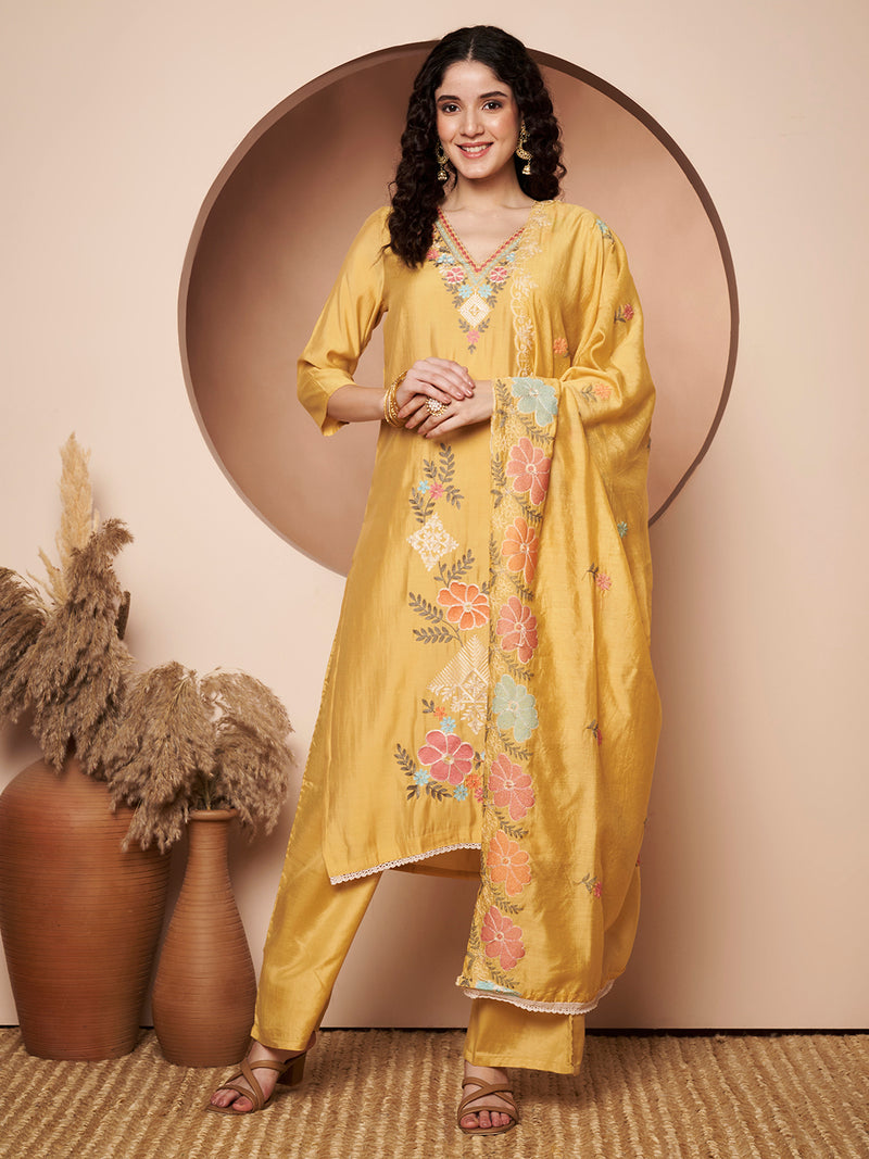 Light Yellow Floral Aari Work Embroidered Kurta with Palazzo and Embroidered Dupatta