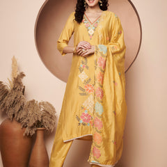 Light Yellow Floral Aari Work Embroidered Kurta with Palazzo and Embroidered Dupatta