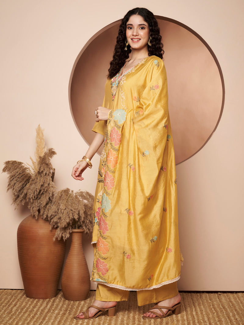 Light Yellow Floral Aari Work Embroidered Kurta with Palazzo and Embroidered Dupatta