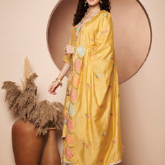 Light Yellow Floral Aari Work Embroidered Kurta with Palazzo and Embroidered Dupatta