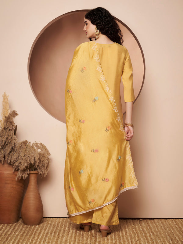 Light Yellow Floral Aari Work Embroidered Kurta with Palazzo and Embroidered Dupatta
