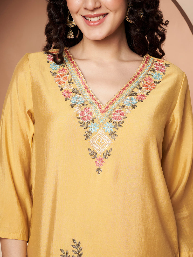 Light Yellow Floral Aari Work Embroidered Kurta with Palazzo and Embroidered Dupatta