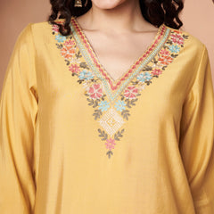 Light Yellow Floral Aari Work Embroidered Kurta with Palazzo and Embroidered Dupatta