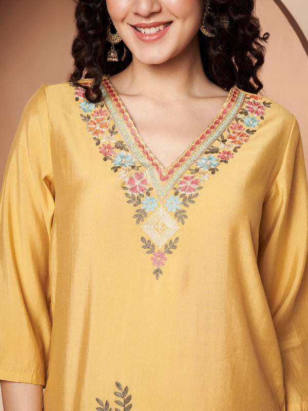 Light Yellow Floral Aari Work Embroidered Kurta with Palazzo and Embroidered Dupatta
