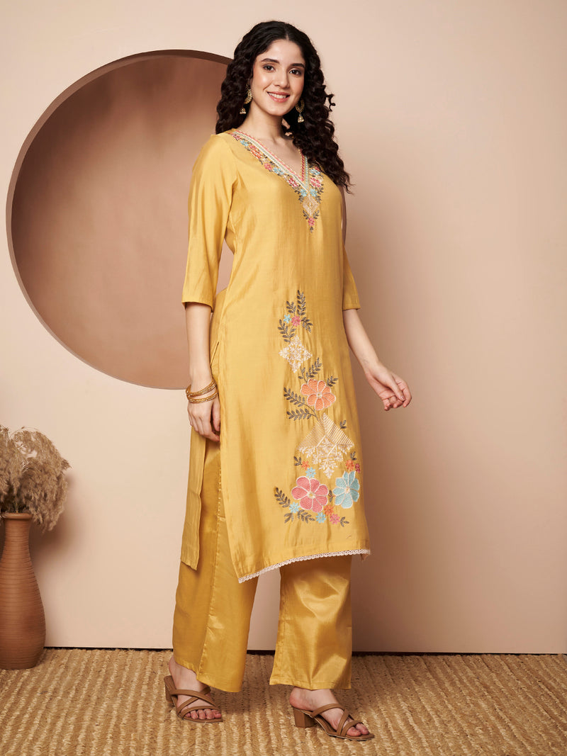 Light Yellow Floral Aari Work Embroidered Kurta with Palazzo and Embroidered Dupatta