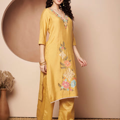 Light Yellow Floral Aari Work Embroidered Kurta with Palazzo and Embroidered Dupatta