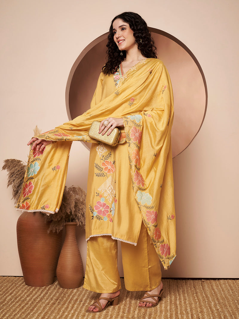 Light Yellow Floral Aari Work Embroidered Kurta with Palazzo and Embroidered Dupatta