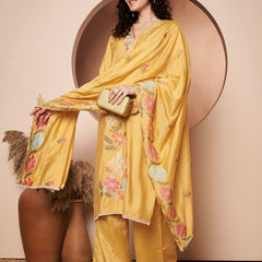 Light Yellow Floral Aari Work Embroidered Kurta with Palazzo and Embroidered Dupatta