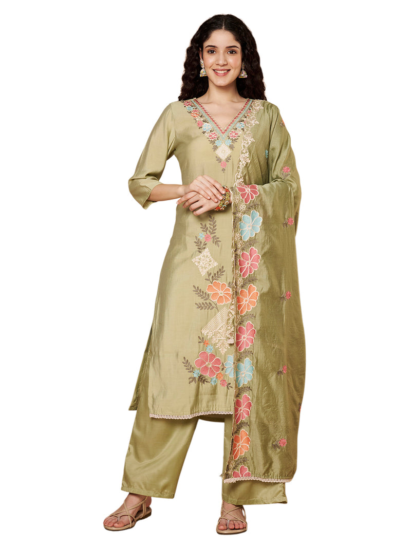 Women Olive-Green Floral Aari Work Embroidered Kurta with Palazzo and Embroidered Dupatta