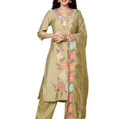 Women Olive-Green Floral Aari Work Embroidered Kurta with Palazzo and Embroidered Dupatta