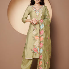 Women Olive-Green Floral Aari Work Embroidered Kurta with Palazzo and Embroidered Dupatta
