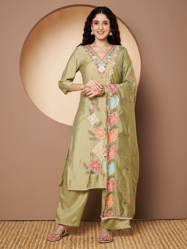 Women Olive-Green Floral Aari Work Embroidered Kurta with Palazzo and Embroidered Dupatta