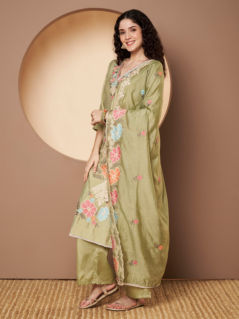 Women Olive-Green Floral Aari Work Embroidered Kurta with Palazzo and Embroidered Dupatta