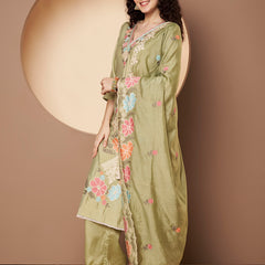 Women Olive-Green Floral Aari Work Embroidered Kurta with Palazzo and Embroidered Dupatta