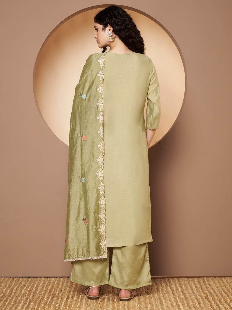 Women Olive-Green Floral Aari Work Embroidered Kurta with Palazzo and Embroidered Dupatta