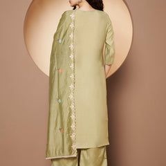 Women Olive-Green Floral Aari Work Embroidered Kurta with Palazzo and Embroidered Dupatta