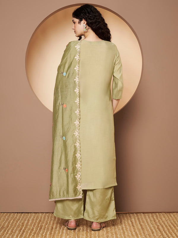 Women Olive-Green Floral Aari Work Embroidered Kurta with Palazzo and Embroidered Dupatta