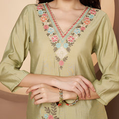 Women Olive-Green Floral Aari Work Embroidered Kurta with Palazzo and Embroidered Dupatta