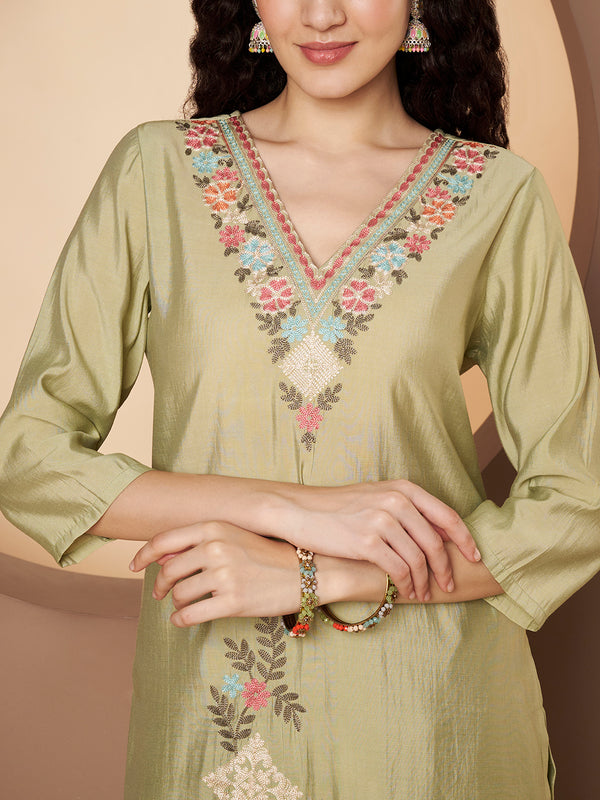 Women Olive-Green Floral Aari Work Embroidered Kurta with Palazzo and Embroidered Dupatta