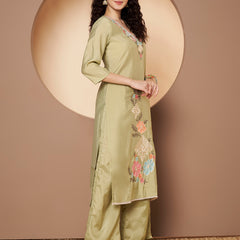 Women Olive-Green Floral Aari Work Embroidered Kurta with Palazzo and Embroidered Dupatta