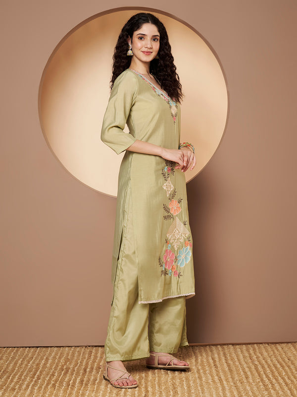 Women Olive-Green Floral Aari Work Embroidered Kurta with Palazzo and Embroidered Dupatta