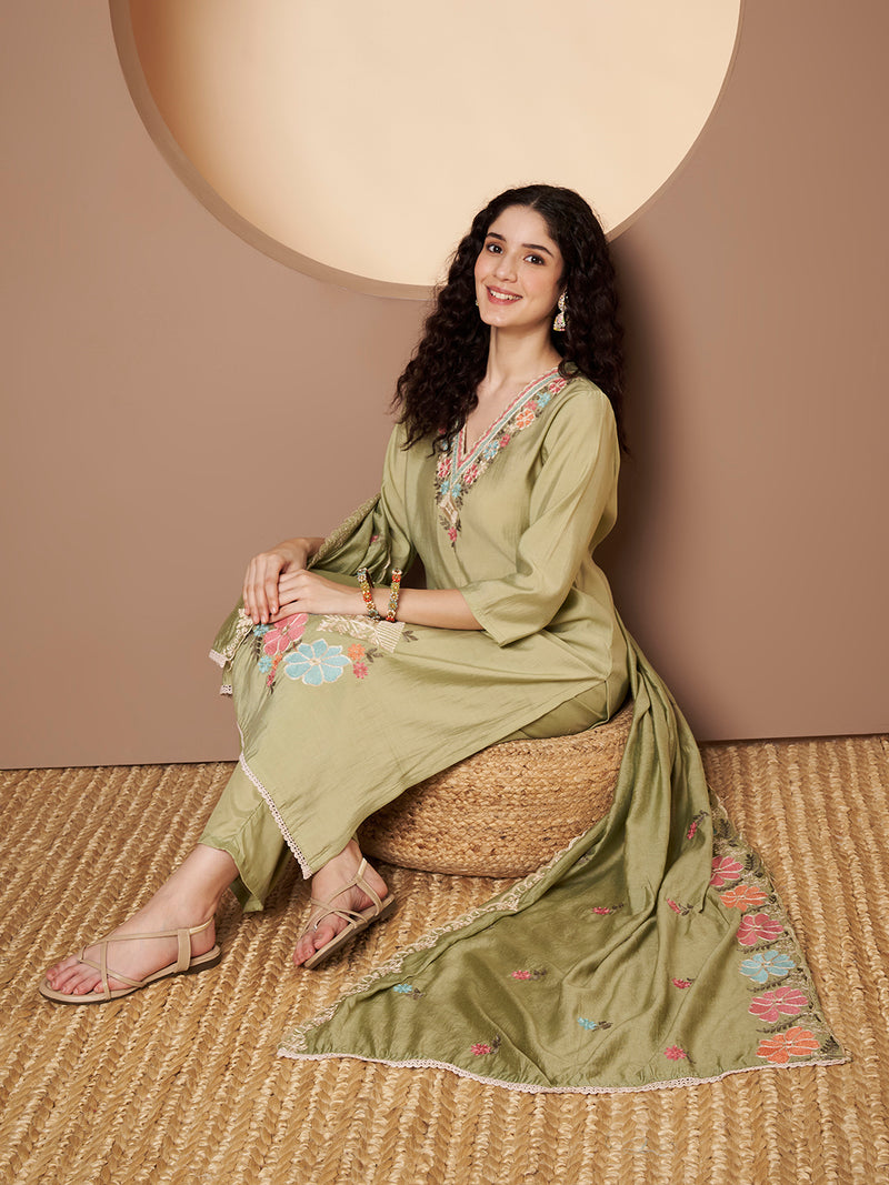 Women Olive-Green Floral Aari Work Embroidered Kurta with Palazzo and Embroidered Dupatta