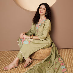 Women Olive-Green Floral Aari Work Embroidered Kurta with Palazzo and Embroidered Dupatta
