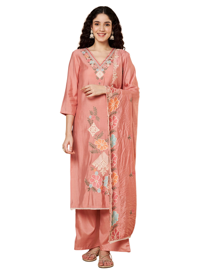 Women Peach Floral Aari Work Embroidered Kurta with Palazzo and Embroidered Dupatta