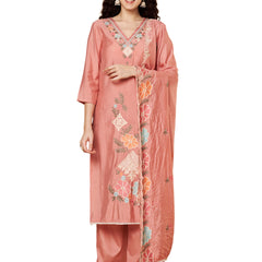Women Peach Floral Aari Work Embroidered Kurta with Palazzo and Embroidered Dupatta