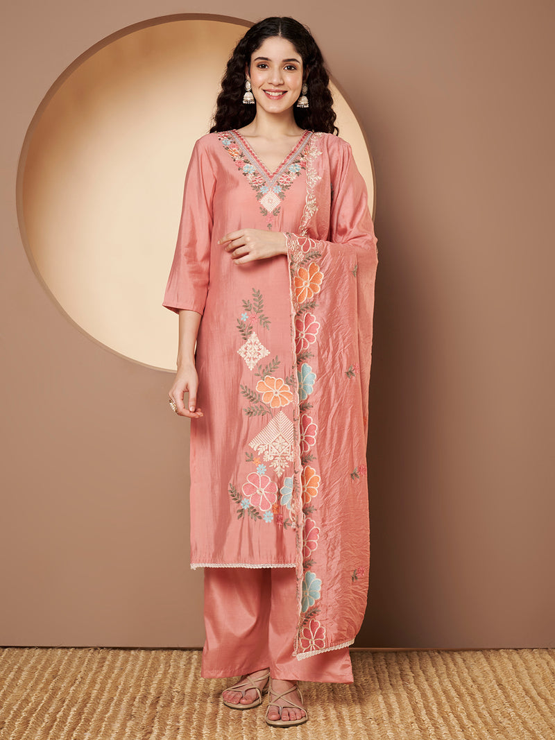 Women Peach Floral Aari Work Embroidered Kurta with Palazzo and Embroidered Dupatta