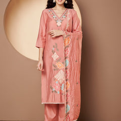 Women Peach Floral Aari Work Embroidered Kurta with Palazzo and Embroidered Dupatta