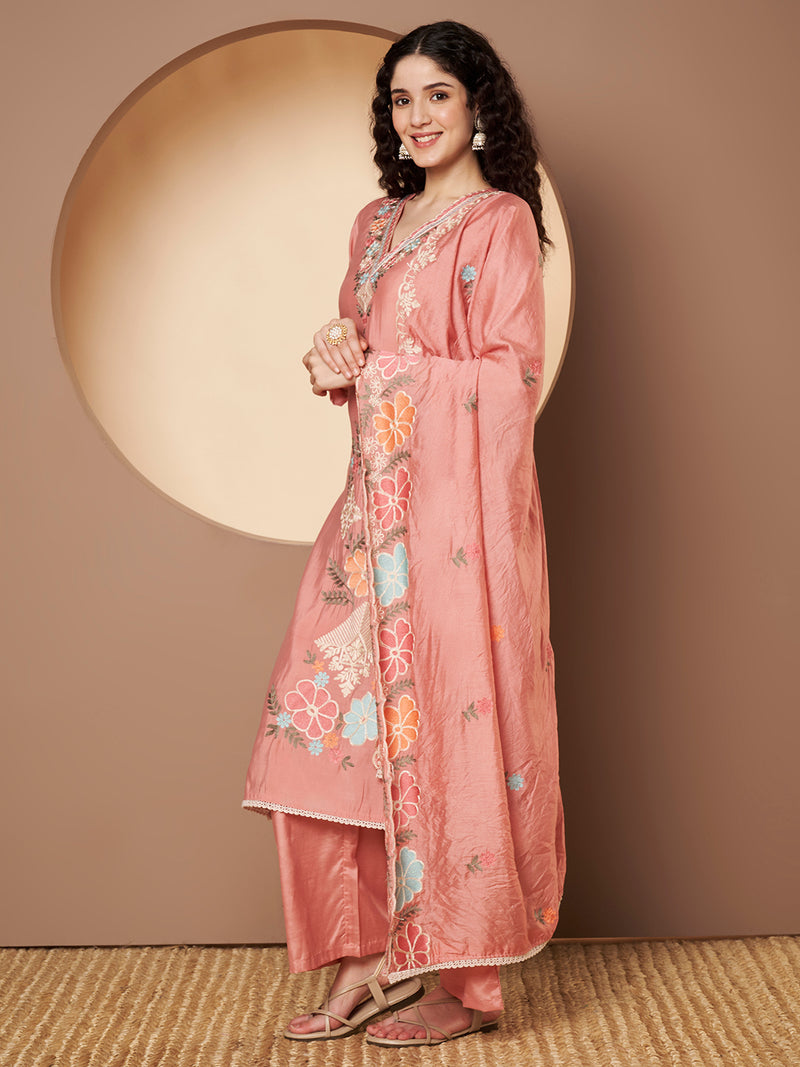 Women Peach Floral Aari Work Embroidered Kurta with Palazzo and Embroidered Dupatta