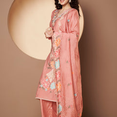 Women Peach Floral Aari Work Embroidered Kurta with Palazzo and Embroidered Dupatta