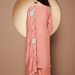 Women Peach Floral Aari Work Embroidered Kurta with Palazzo and Embroidered Dupatta