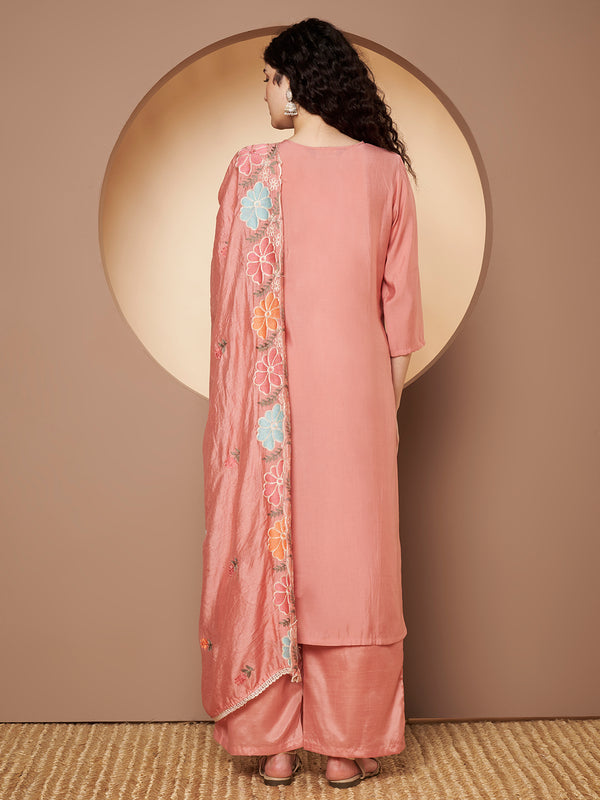 Women Peach Floral Aari Work Embroidered Kurta with Palazzo and Embroidered Dupatta