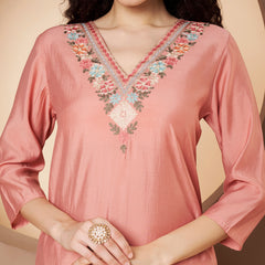 Women Peach Floral Aari Work Embroidered Kurta with Palazzo and Embroidered Dupatta