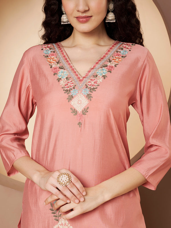 Women Peach Floral Aari Work Embroidered Kurta with Palazzo and Embroidered Dupatta
