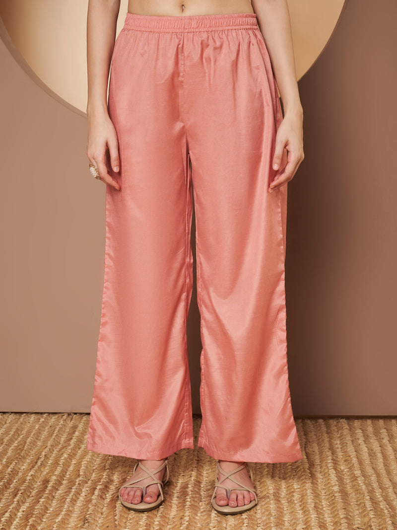 Women Peach Floral Aari Work Embroidered Kurta with Palazzo and Embroidered Dupatta