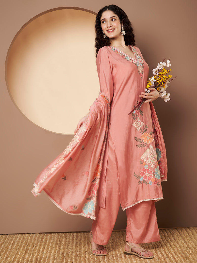 Women Peach Floral Aari Work Embroidered Kurta with Palazzo and Embroidered Dupatta