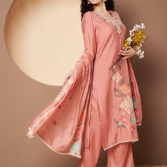 Women Peach Floral Aari Work Embroidered Kurta with Palazzo and Embroidered Dupatta