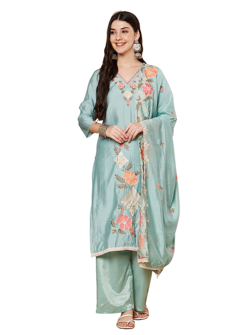 Women's Sea Green Floral Aari Work Embroidered Kurta with Palazzo and Embroidered Dupatta