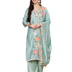 Women's Sea Green Floral Aari Work Embroidered Kurta with Palazzo and Embroidered Dupatta
