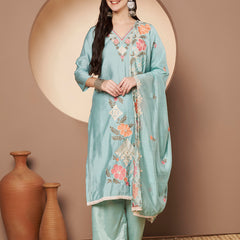 Women's Sea Green Floral Aari Work Embroidered Kurta with Palazzo and Embroidered Dupatta