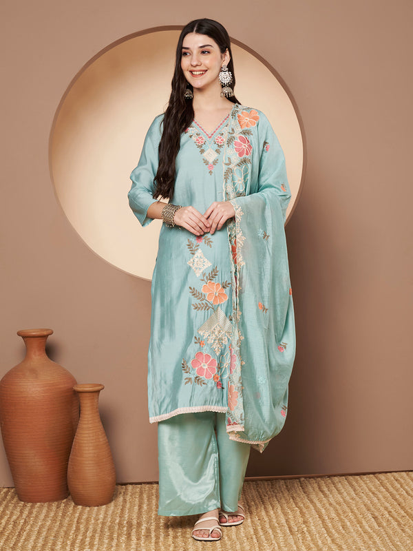 Women's Sea Green Floral Aari Work Embroidered Kurta with Palazzo and Embroidered Dupatta